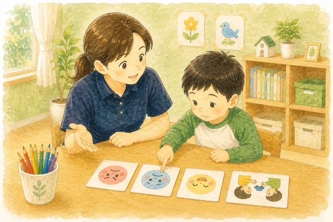 保育者と子どもが感情カードを使って気持ちを確認する様子