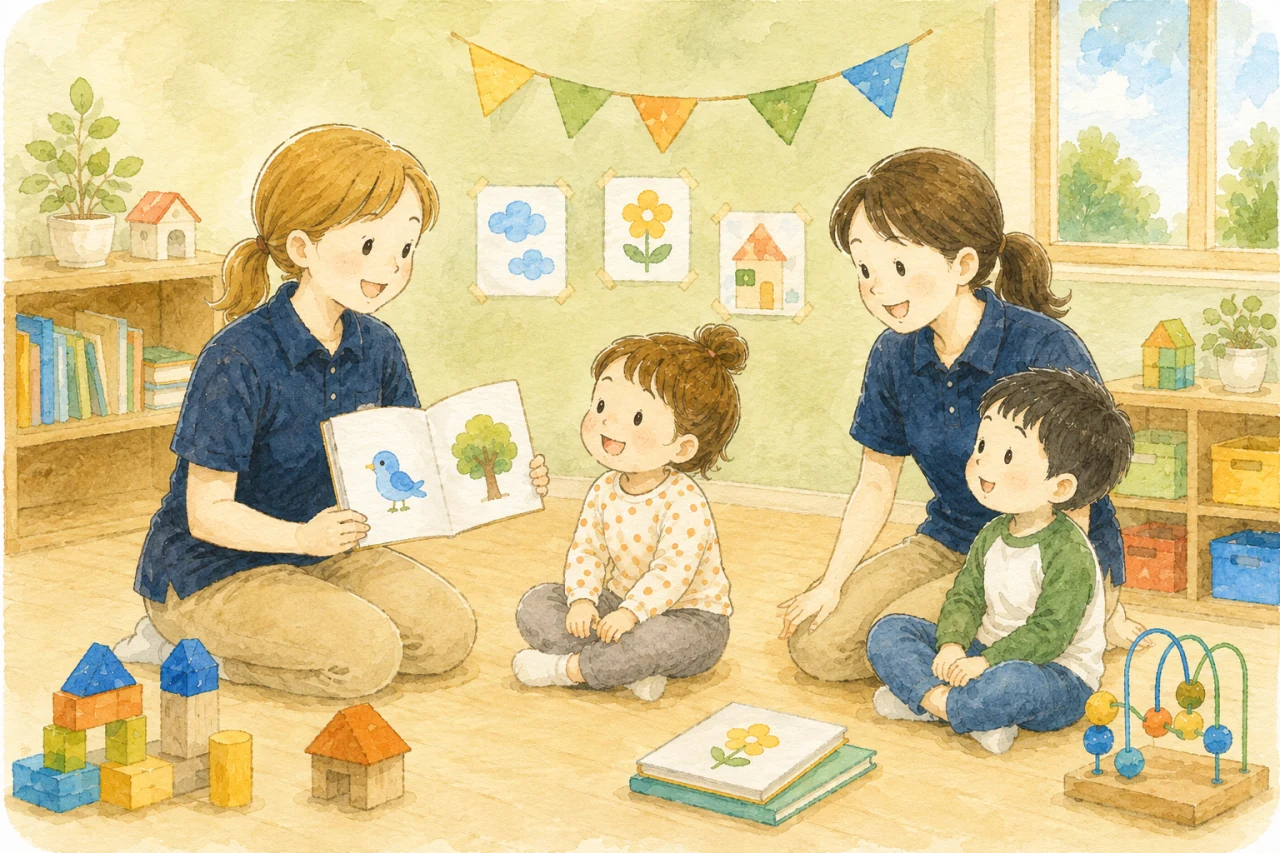 保育者と子どもたちが絵本を囲みながら過ごす様子