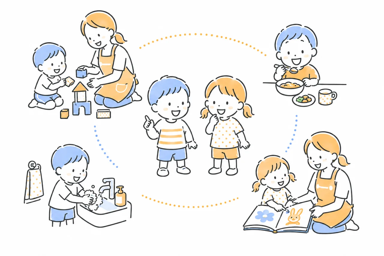 遊び、食事、手洗い、絵本など毎日の生活が循環する様子