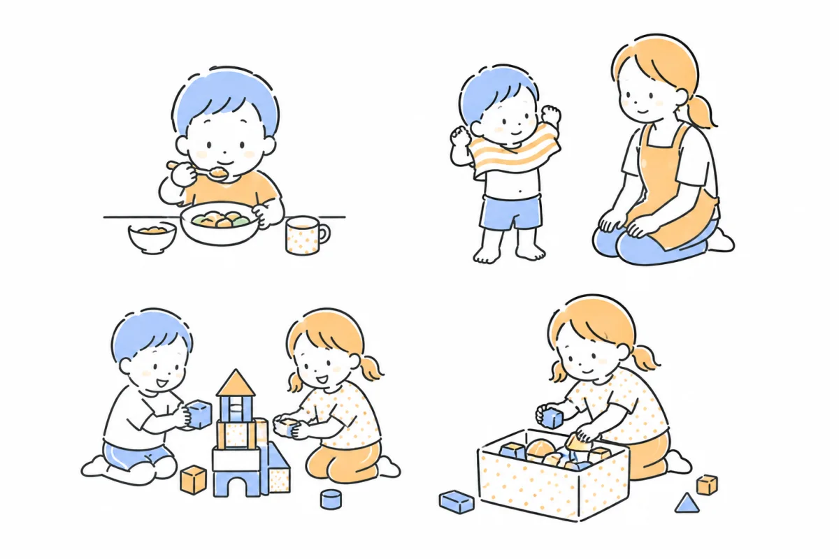 食事、着替え、遊び、手洗い、絵本など園で繰り返す一日の生活場面