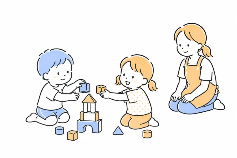 積み木を一緒につくる子どもたちと見守る先生