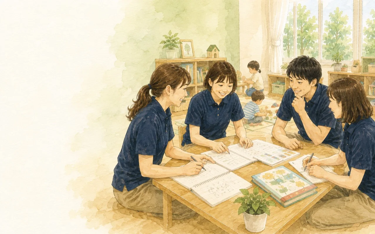 子どもの支援について話し合う凹凸凸凹保育園のスタッフ