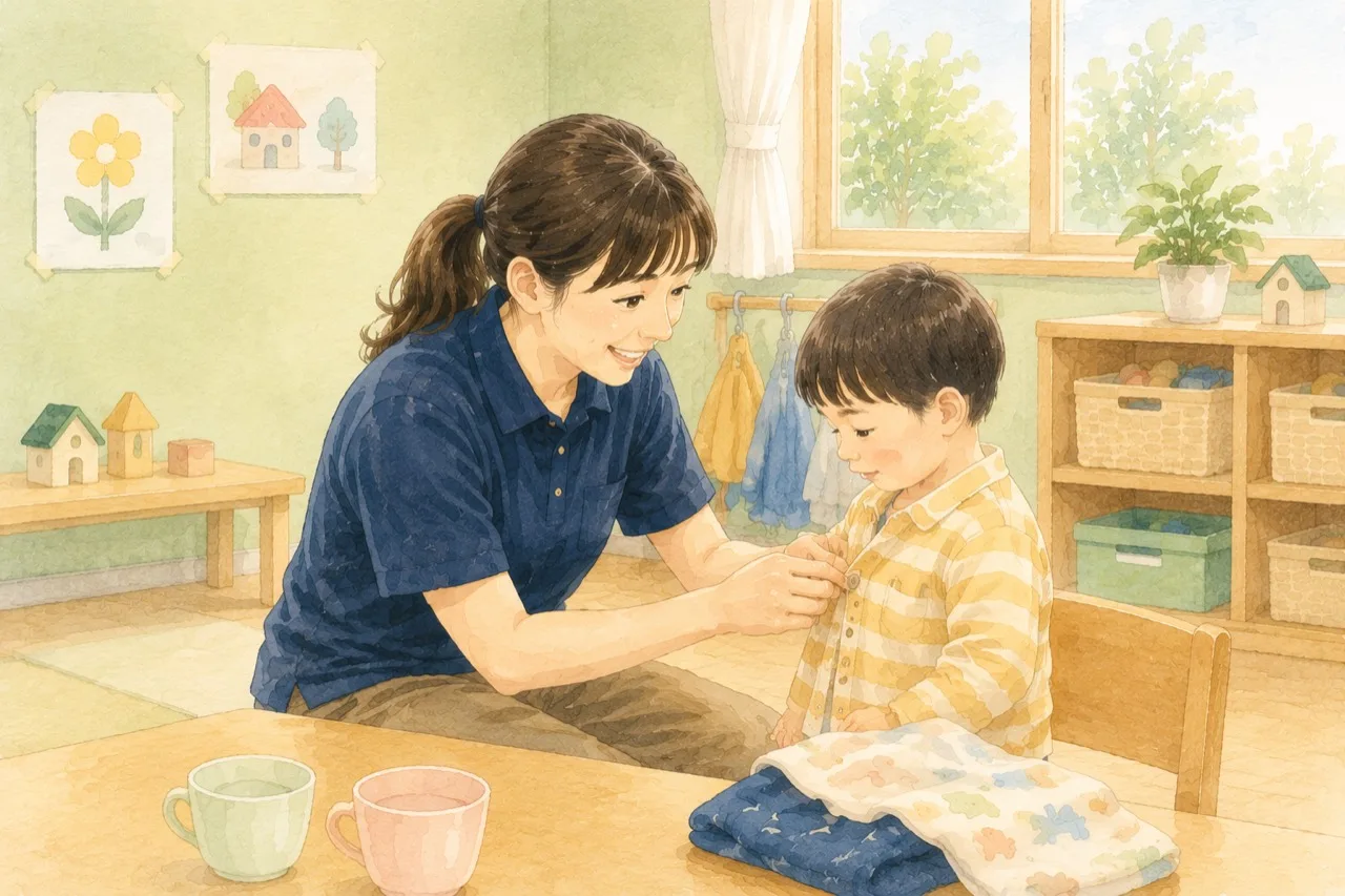 着替えを通して生活場面を支える保育士