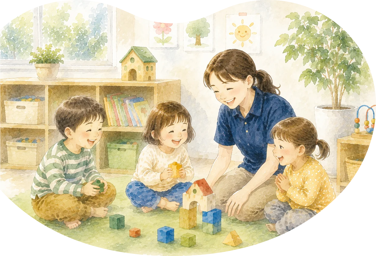 保育者と子どもたちが少人数で積み木遊びをする様子