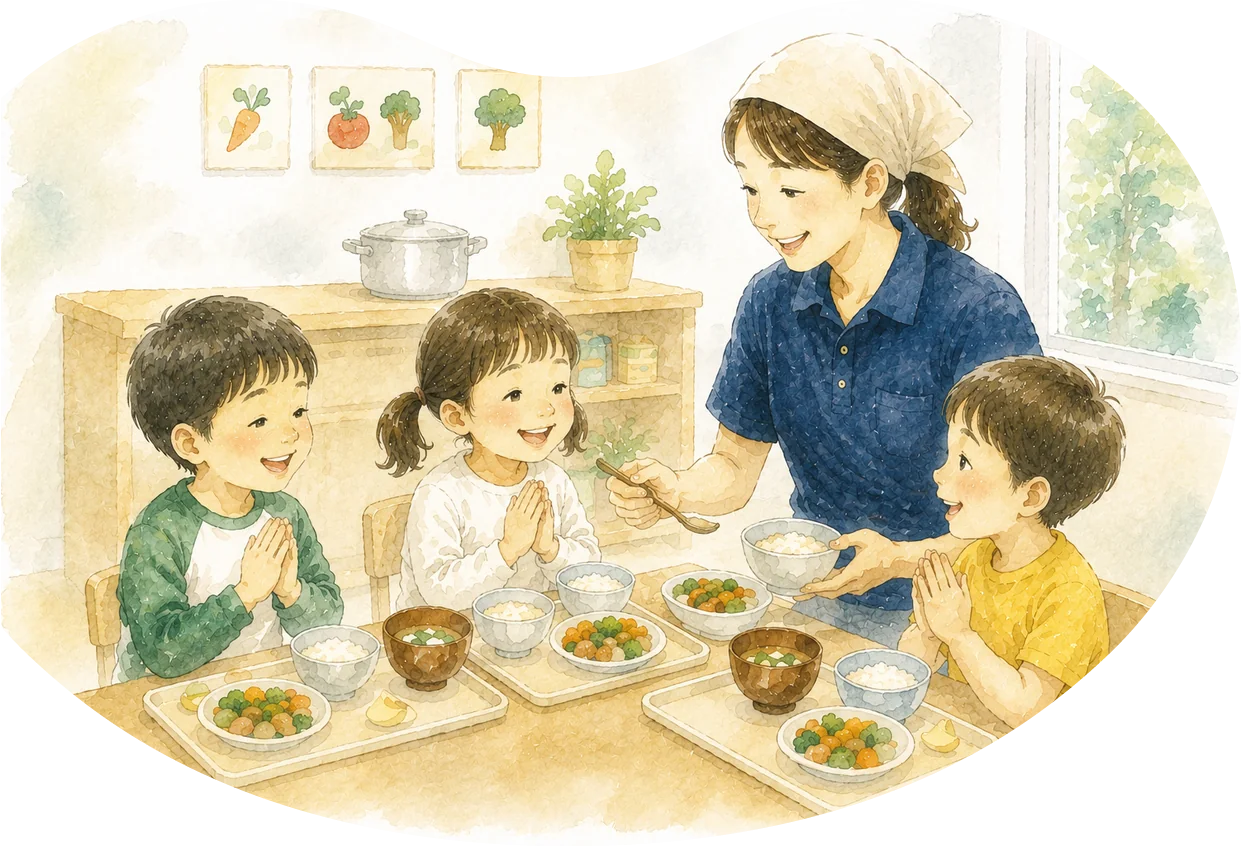 施設内で作った給食を子どもたちが食べる様子